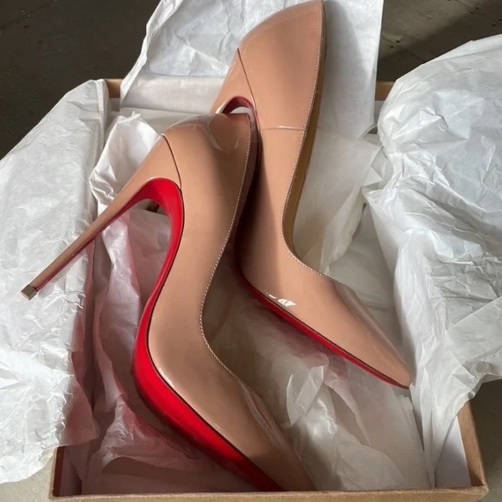 Christian Louboutin Nude Patent Leather Pointed-Toe Pumps with Red Soles